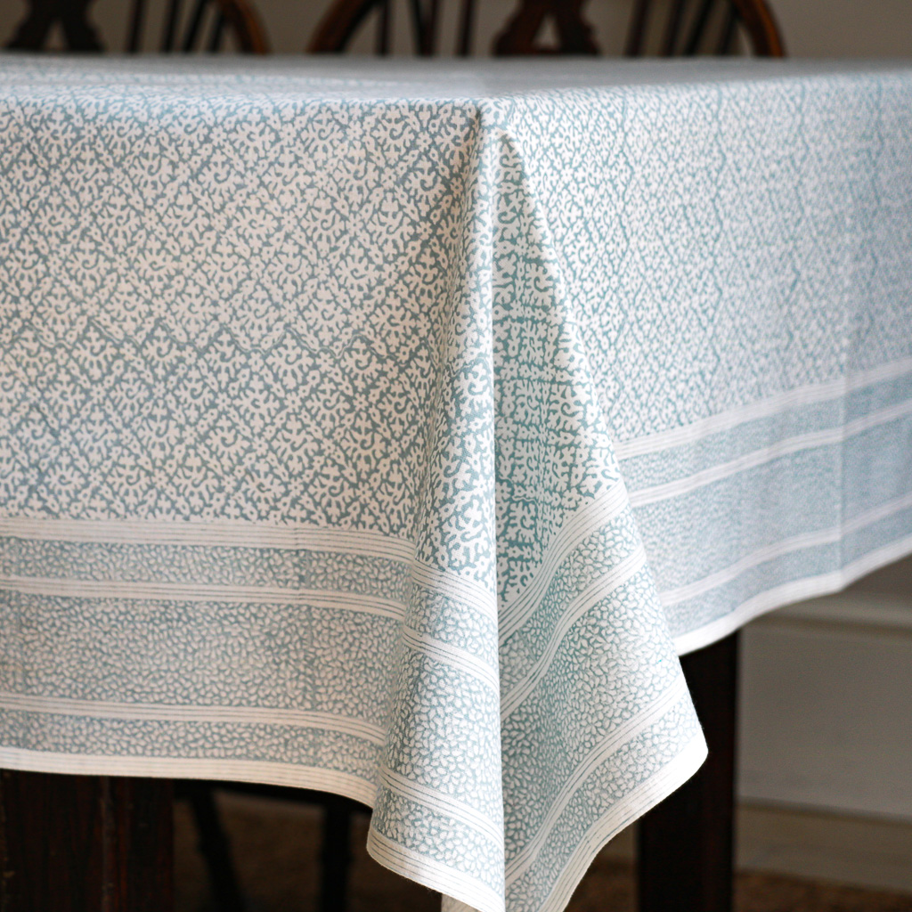 Hazel Tablecloth in Carolina Blue, shenouk, Indian block print fabric, Indian block print, Indian block print tablecloths, block print tablecloths, luxury table linen Hazel Tablecloth in Carolina Blue, shenouk, Indian block print fabric, Indian block print, Indian block print tablecloths, block print tablecloths, luxury table linen
