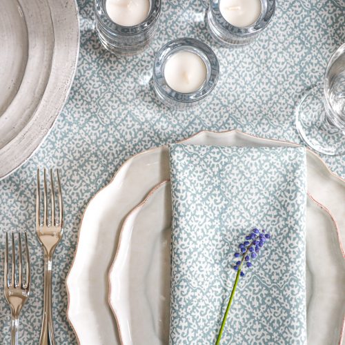 Hazel Tablecloth in Carolina Blue & Hazel Napkins in Carolina Blue, shenouk, Indian block print fabric, Indian block print, Indian block print tablecloths, block print tablecloths, luxury table linen