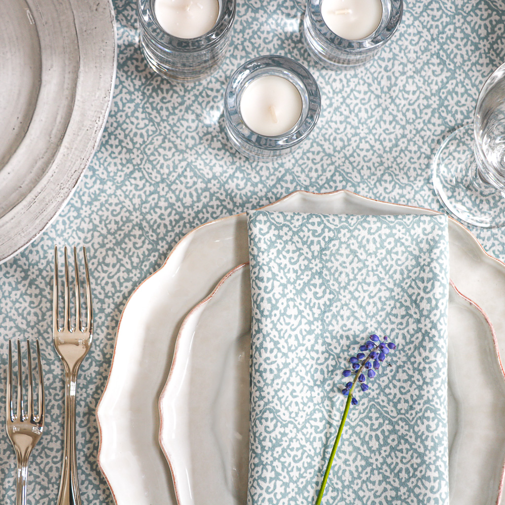 Hazel Tablecloth in Carolina Blue & Hazel Napkins in Carolina Blue, shenouk, Indian block print fabric, Indian block print, Indian block print tablecloths, block print tablecloths, luxury table linen