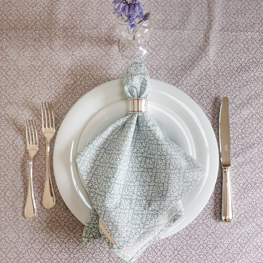 Hazel Tablecloth in Lavender & Hazel Napkins in Carolina Blue, shenouk, Indian block print fabric, Indian block print, Indian block print tablecloths, block print tablecloths, luxury table linen