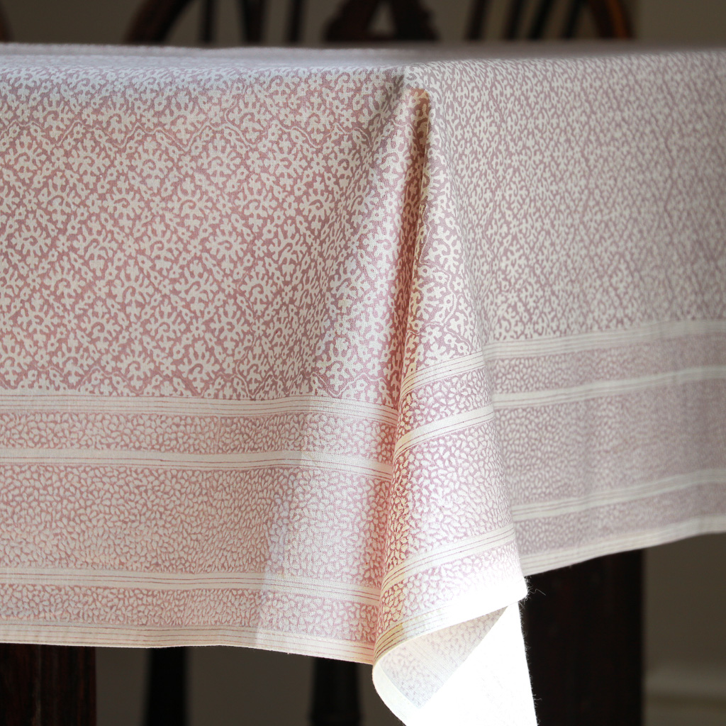 Hazel Tablecloth in Lavender, shenouk, Indian block print fabric, Indian block print, Indian block print tablecloths, block print tablecloths, luxury table linen
