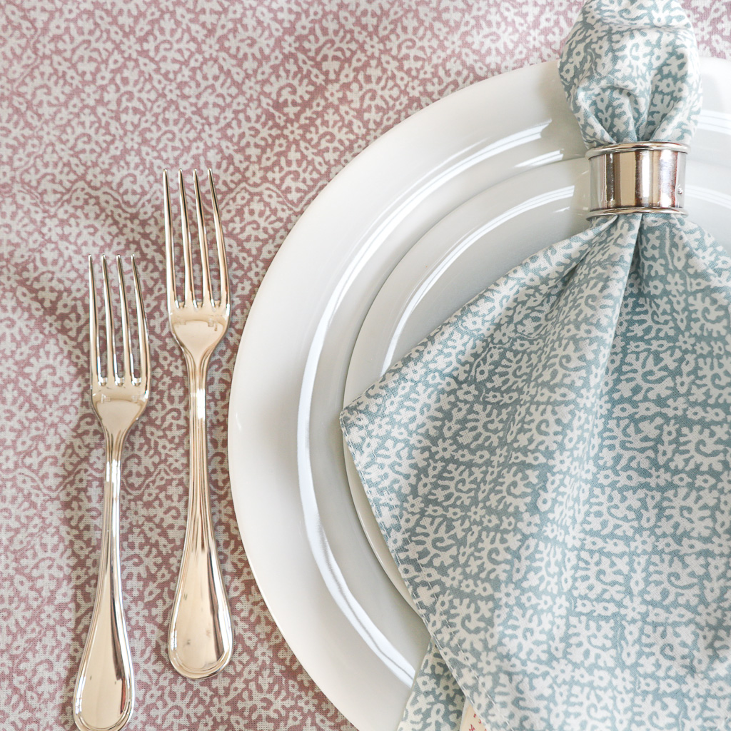 Hazel Tablecloth in Lavender & Hazel Napkins in Carolina Blue, shenouk, Indian block print fabric, Indian block print, Indian block print tablecloths, block print tablecloths, luxury table linen