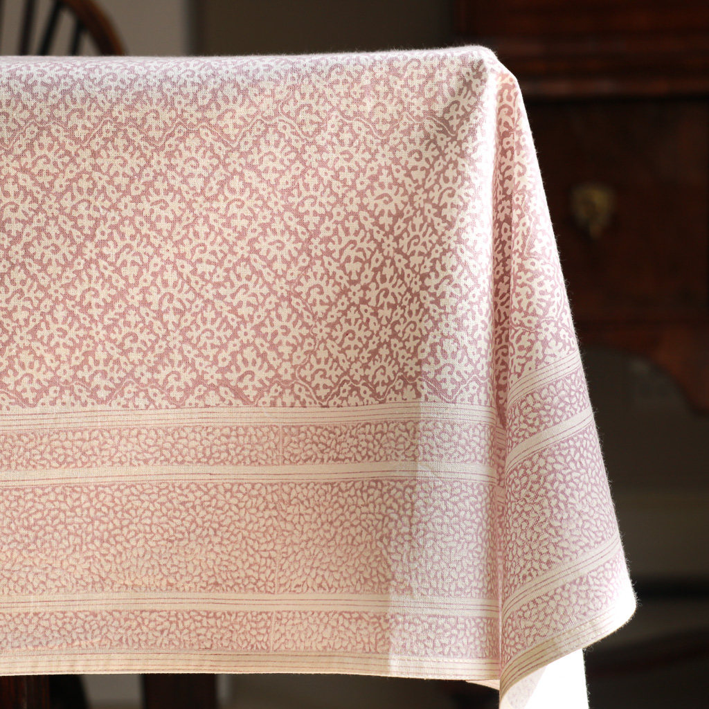 Hazel Tablecloth in Lavender, shenouk, Indian block print fabric, Indian block print, Indian block print tablecloths, block print tablecloths, luxury table linen