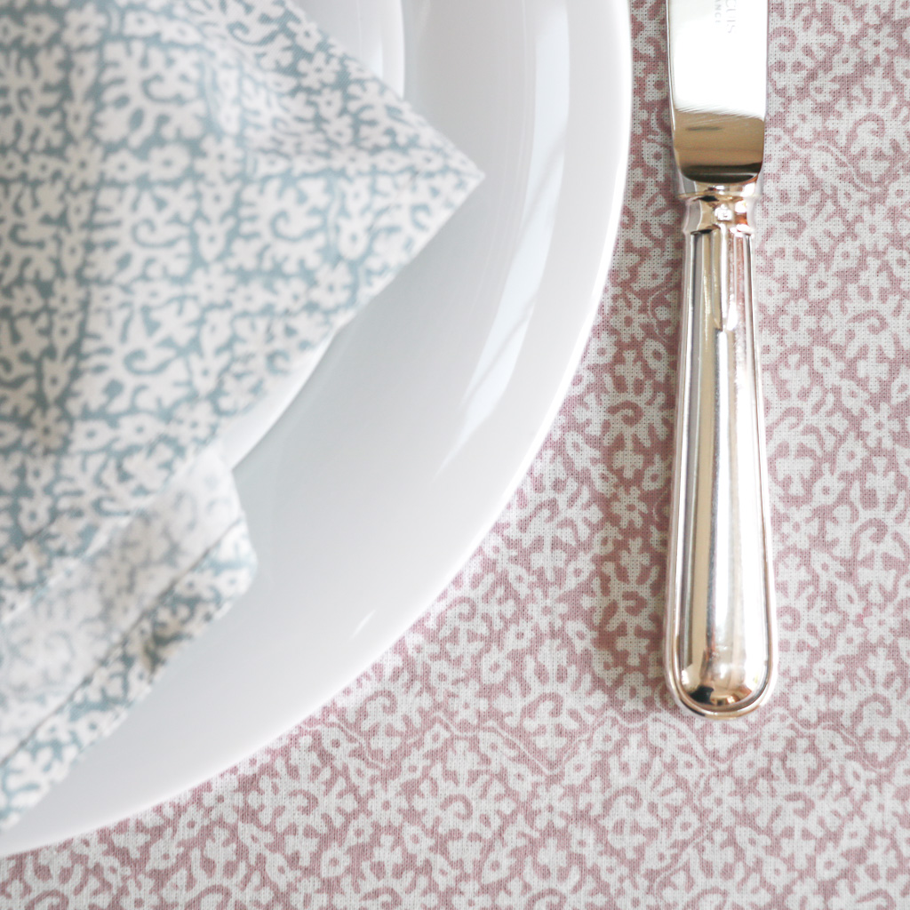 Hazel Tablecloth in Lavender & Hazel Napkins in Carolina Blue, shenouk, Indian block print fabric, Indian block print, Indian block print tablecloths, block print tablecloths, luxury table linen