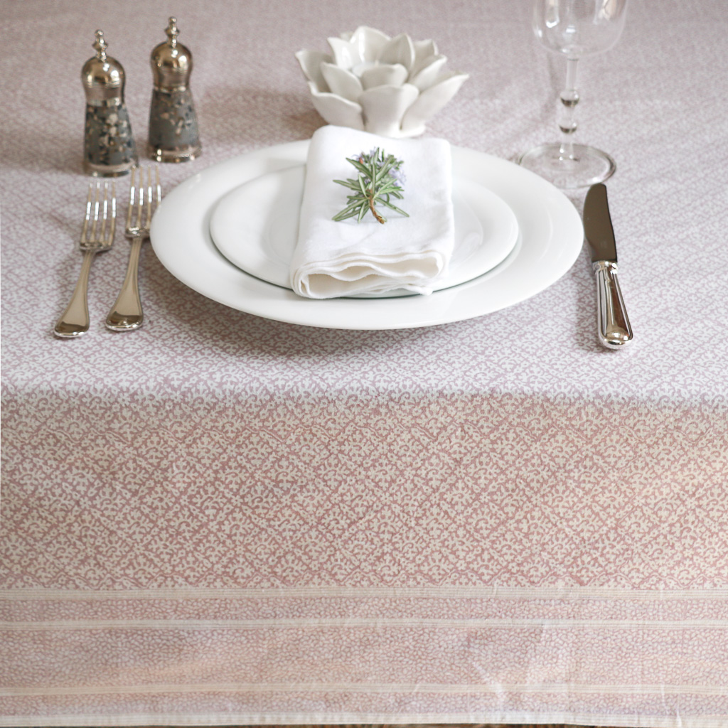 Hazel Tablecloth in Lavender, shenouk, Indian block print fabric, Indian block print, Indian block print tablecloths, block print tablecloths, luxury table linen