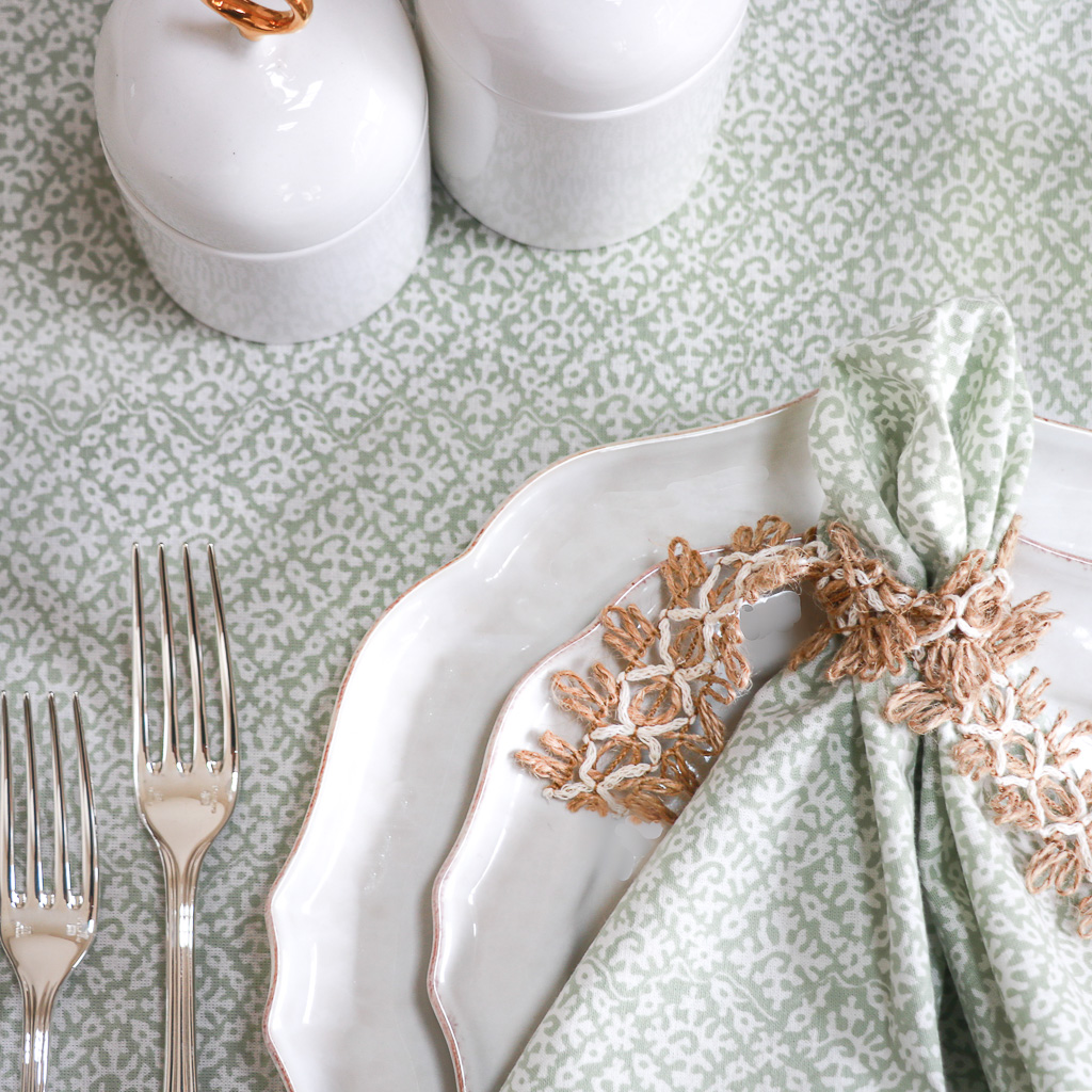 Hazel Tablecloth in Sage, shenouk, Indian block print fabric, Indian block print, Indian block print tablecloths, block print tablecloths, luxury table linen