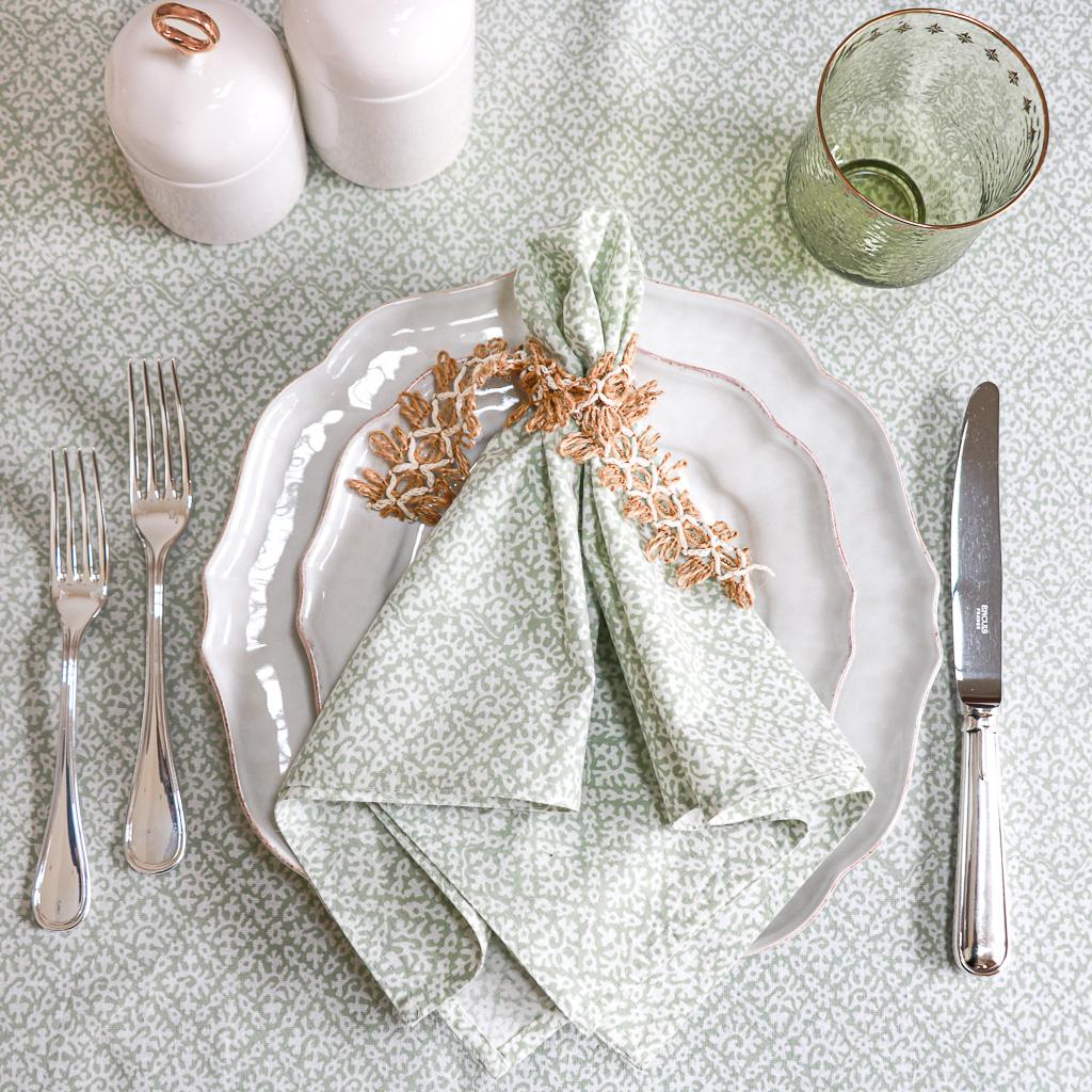 Hazel Tablecloth in Sage & Hazel Napkins in Sage, shenouk, Indian block print fabric, Indian block print, Indian block print tablecloths, block print tablecloths, luxury table linen