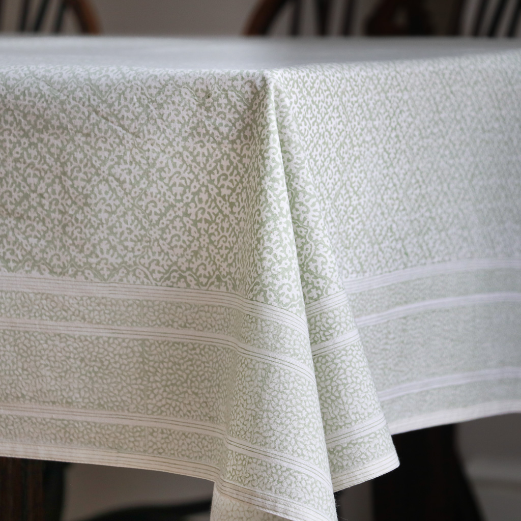 Hazel Tablecloth in Sage, shenouk, Indian block print fabric, Indian block print, Indian block print tablecloths, block print tablecloths, luxury table linen