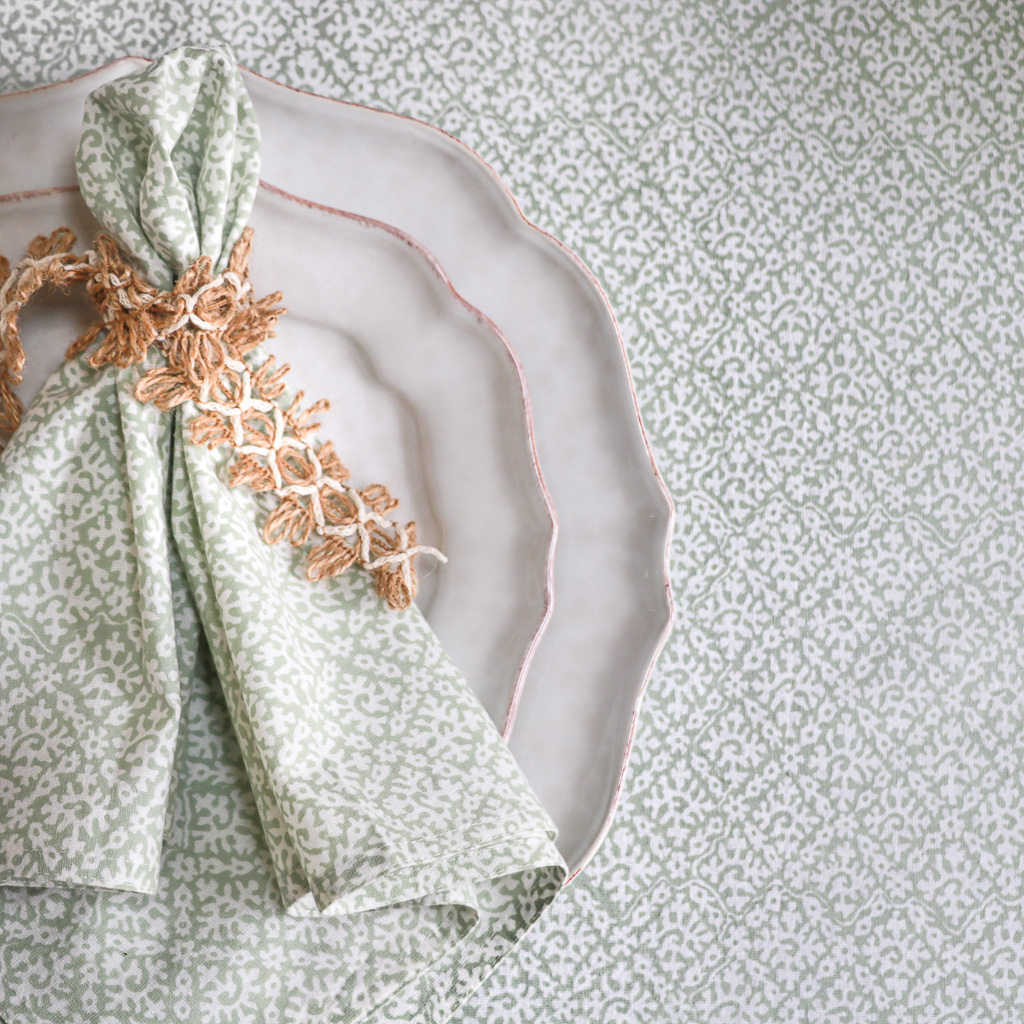 Hazel Tablecloth in Sage & Hazel Napkins in Sage, shenouk, Indian block print fabric, Indian block print, Indian block print tablecloths, block print tablecloths, luxury table linen