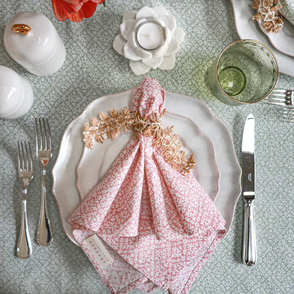 Hazel Tablecloth in Sage & Hazel Napkins in Dusty Rose, shenouk, Indian block print fabric, Indian block print, Indian block print tablecloths, block print tablecloths, luxury table linen