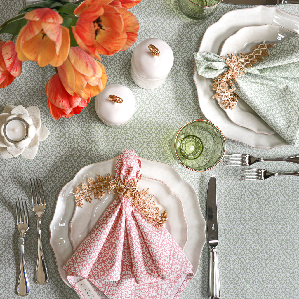Hazel Tablecloth in Sage & Hazel Napkins in Sage & Hazel Napkins in Dusty Rose, shenouk, Indian block print fabric, Indian block print, Indian block print tablecloths, block print tablecloths, luxury table linen