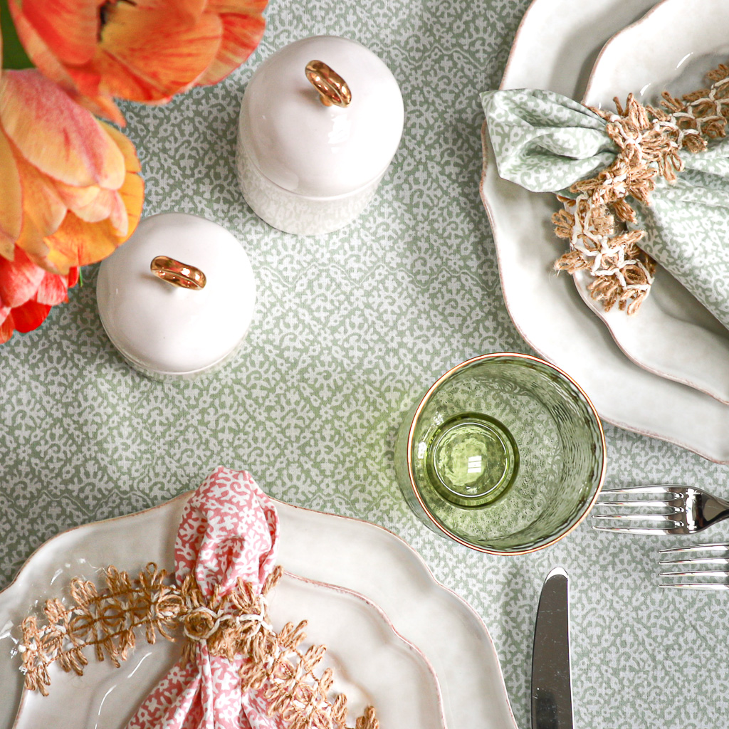 Hazel Tablecloth in Sage & Hazel Napkins in Sage & Hazel Napkins in Dusty Rose, shenouk, Indian block print fabric, Indian block print, Indian block print tablecloths, block print tablecloths, luxury table linen