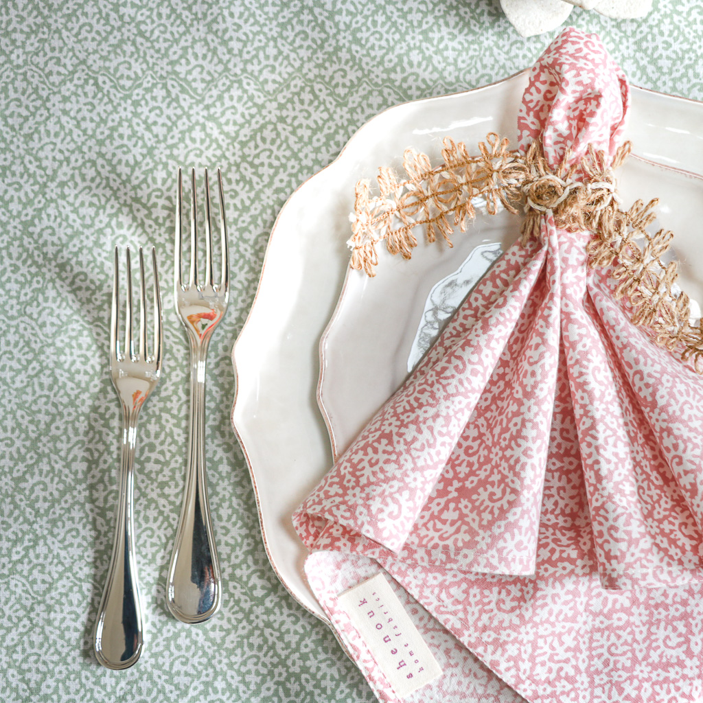 Hazel Tablecloth in Sage & Hazel Napkins in Dusty Rose, shenouk, Indian block print fabric, Indian block print, Indian block print tablecloths, block print tablecloths, luxury table linen