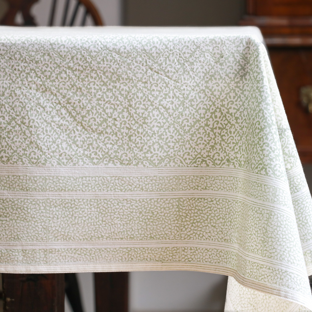 Hazel Tablecloth in Sage, shenouk, Indian block print fabric, Indian block print, Indian block print tablecloths, block print tablecloths, luxury table linen