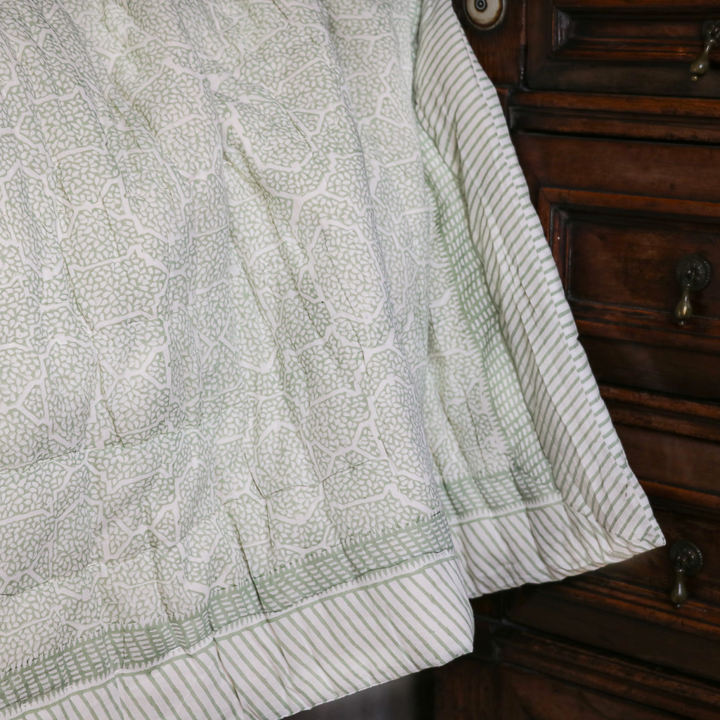 Kiki & Gauntess Quilt in Sage, shenouk, block print cushions, indian block print, indian block print fabric, linen block print, linen cushions, indian textiles, indian block print cushions, linen cushions, block print quilts, block print bedding