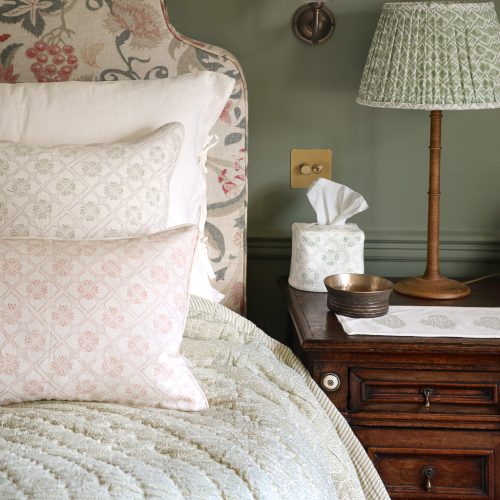 Tashi Cushion in Dusty Rose, Kiki & Gauntess Quilt in Sage, Tashi Cushion in Thyme, shenouk, block print cushions, indian block print, indian block print fabric, linen block print, linen cushions, indian textiles, indian block print cushions, linen cushions, block print quilts, block print bedding