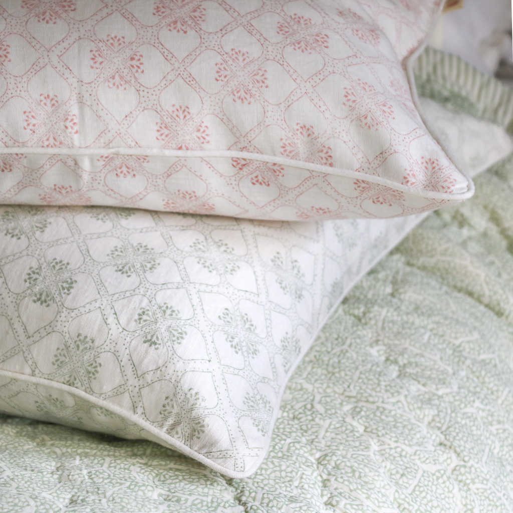 Tashi Cushion in Dusty Rose, Kiki & Gauntess Quilt in Sage, Tashi Cushion in Thyme, shenouk, block print cushions, indian block print, indian block print fabric, linen block print, linen cushions, indian textiles, indian block print cushions, linen cushions, block print quilts, block print bedding