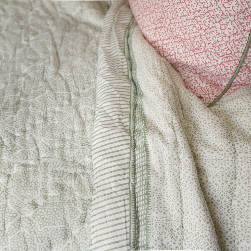 Kiki & Gauntess Quilt in Sage, Hazel Cushion in Dusty Rose, shenouk, block print cushions, indian block print, indian block print fabric, linen block print, linen cushions, indian textiles, indian block print cushions, linen cushions, block print quilts, block print bedding