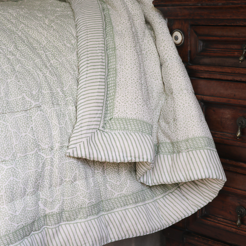 Kiki & Gauntess Quilt in Sage, shenouk, block print cushions, indian block print, indian block print fabric, linen block print, linen cushions, indian textiles, indian block print cushions, linen cushions, block print quilts, block print bedding