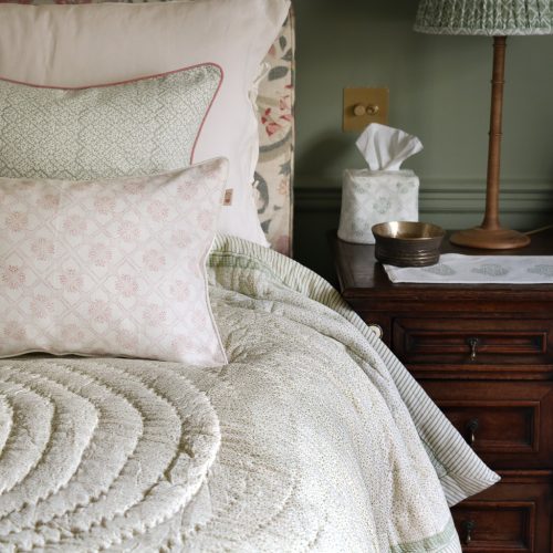 Tashi Cushion in Dusty Rose, Kiki & Gauntess Quilt in Sage, Hazel Cushion in Sage, shenouk, block print cushions, indian block print, indian block print fabric, linen block print, linen cushions, indian textiles, indian block print cushions, linen cushions, block print quilts, block print bedding