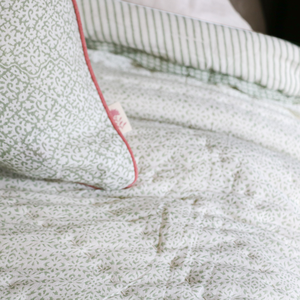 Kiki & Gauntess Quilt in Sage, Hazel Cushion in Sage, shenouk, block print cushions, indian block print, indian block print fabric, linen block print, linen cushions, indian textiles, indian block print cushions, linen cushions, block print quilts, block print bedding Kiki & Gauntess Quilt in Sage, Hazel Cushion in Sage, shenouk, block print cushions, indian block print, indian block print fabric, linen block print, linen cushions, indian textiles, indian block print cushions, linen cushions, block print quilts, block print bedding