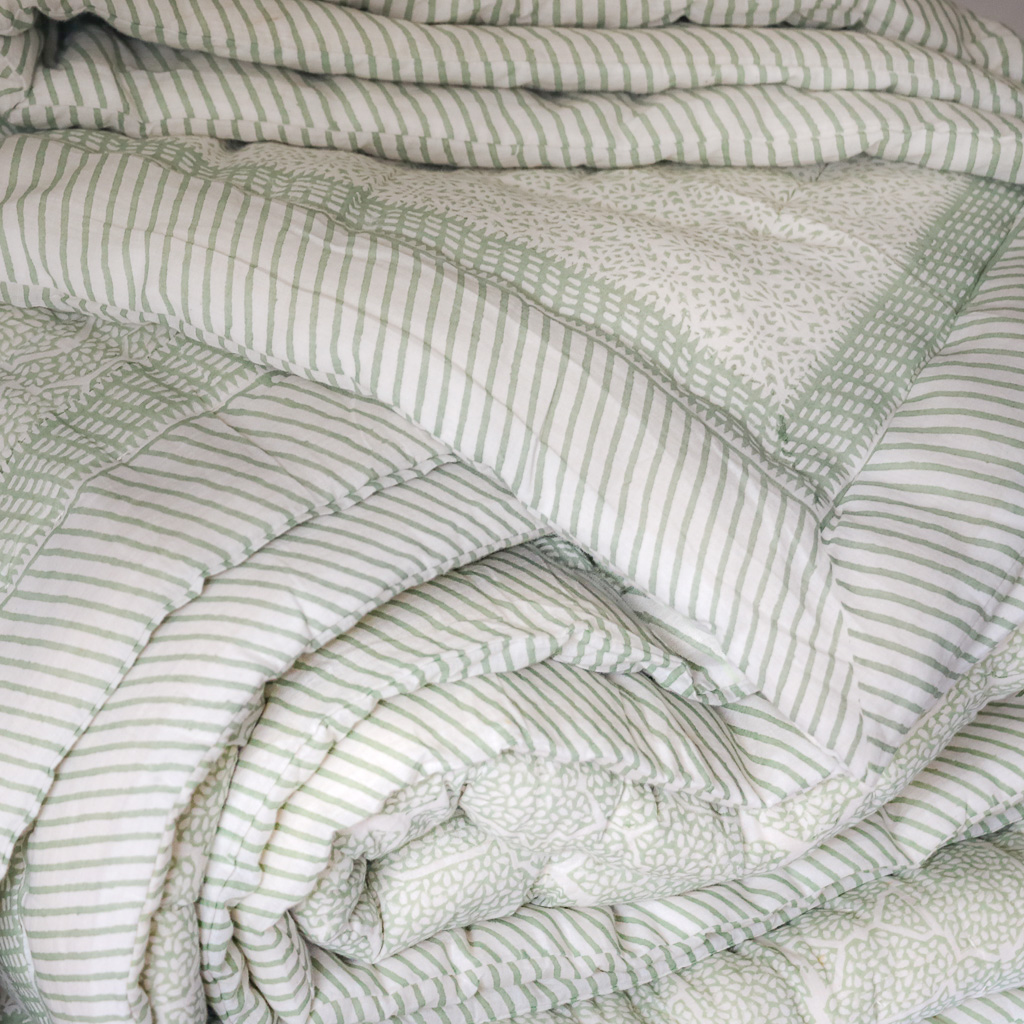 Kiki & Gauntess Quilt in Sage, shenouk, block print cushions, indian block print, indian block print fabric, linen block print, linen cushions, indian textiles, indian block print cushions, linen cushions, block print quilts, block print bedding