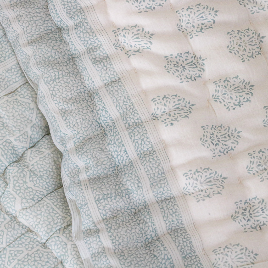 Navina & Gauntess Quilt in Winter, shenouk, Indian block print fabric, Indian block print, Indian block print quilts, block print quilts, luxury quilts Navina & Gauntess Quilt in Winter, shenouk, Indian block print fabric, Indian block print, Indian block print quilts, block print quilts, luxury quilts