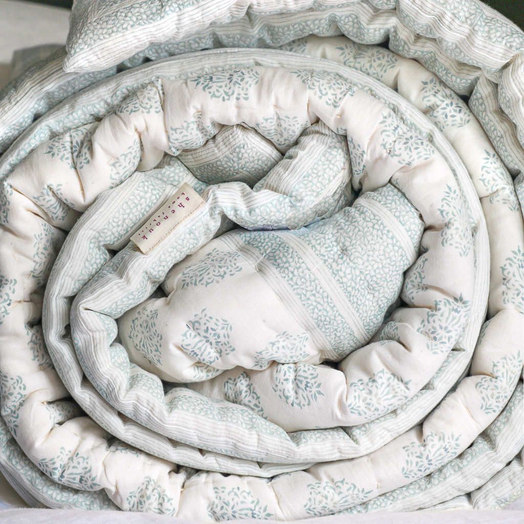 Navina & Gauntess Quilt in Winter, shenouk, Indian block print fabric, Indian block print, Indian block print quilts, block print quilts, luxury quilts Navina & Gauntess Quilt in Winter, shenouk, Indian block print fabric, Indian block print, Indian block print quilts, block print quilts, luxury quilts