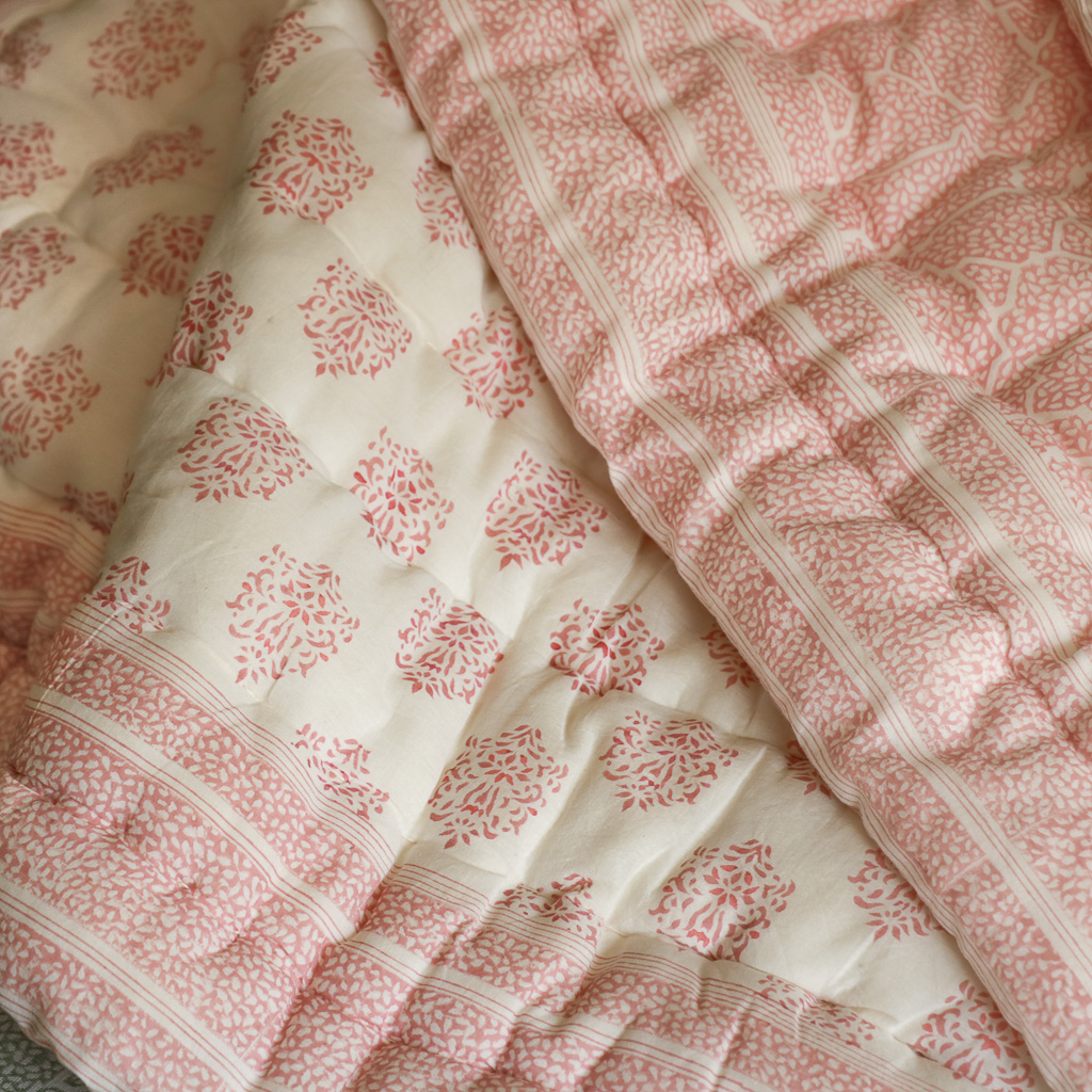 Navina & Gauntess Quilt in Summer, shenouk, Indian block print fabric, Indian block print, Indian block print quilts, block print quilts, luxury quilts