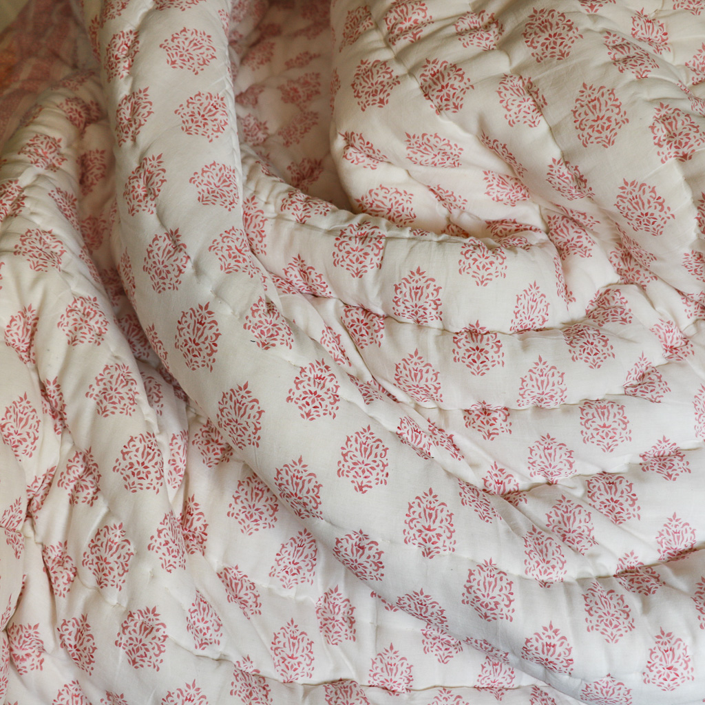 Navina & Gauntess Quilt in Summer, shenouk, Indian block print fabric, Indian block print, Indian block print quilts, block print quilts, luxury quilts