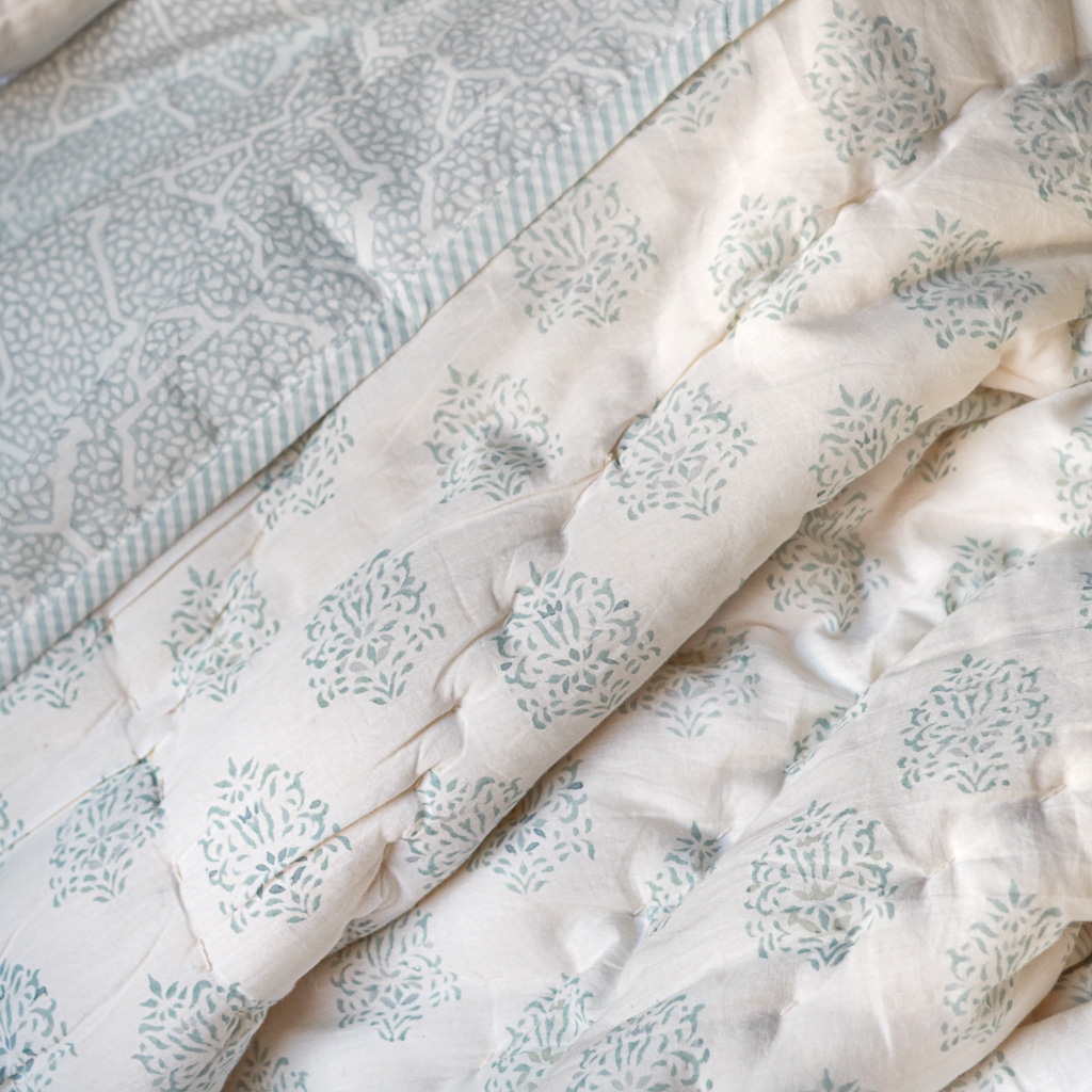 Navina & Gauntess Quilt in Winter, shenouk, Indian block print fabric, Indian block print, Indian block print quilts, block print quilts, luxury quilts Navina & Gauntess Quilt in Winter, shenouk, Indian block print fabric, Indian block print, Indian block print quilts, block print quilts, luxury quilts