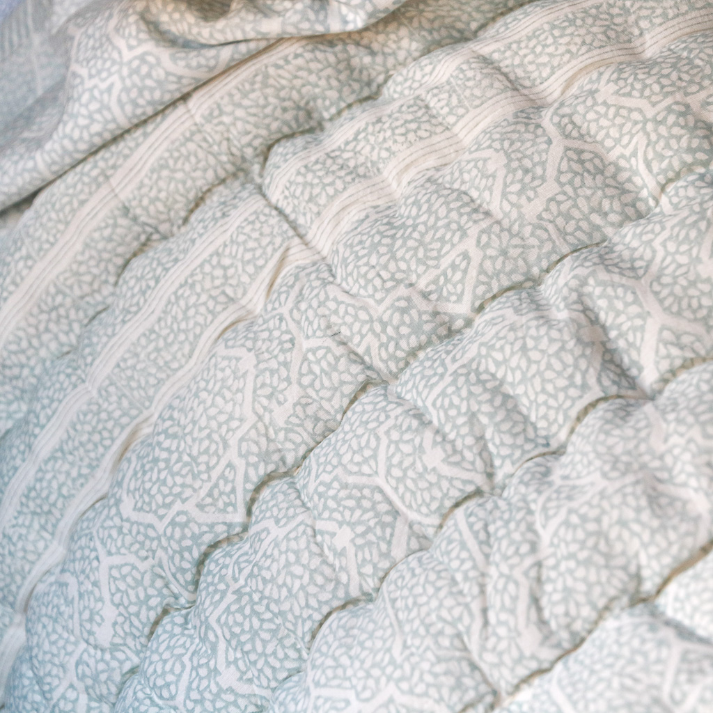 Navina & Gauntess Quilt in Winter, shenouk, Indian block print fabric, Indian block print, Indian block print quilts, block print quilts, luxury quilts Navina & Gauntess Quilt in Winter, shenouk, Indian block print fabric, Indian block print, Indian block print quilts, block print quilts, luxury quilts