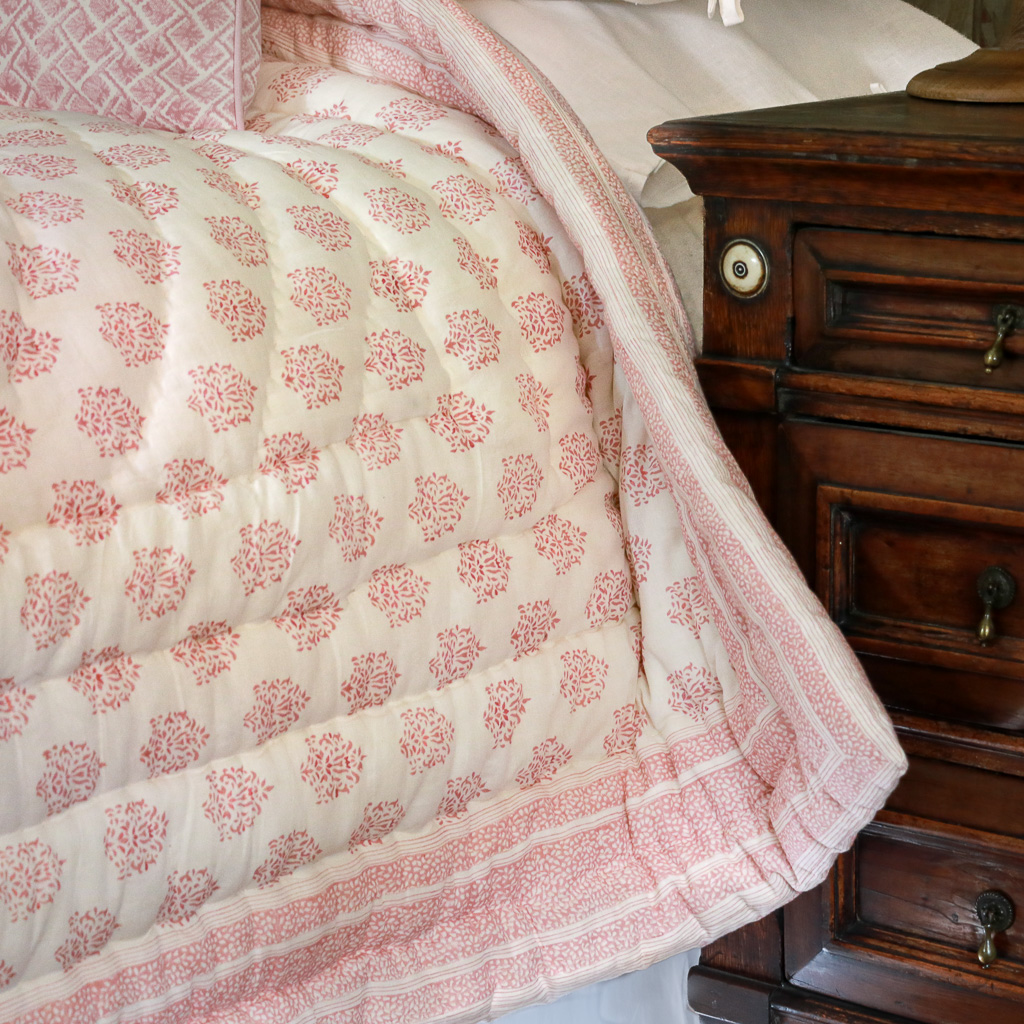 Navina & Gauntess Quilt in Summer, shenouk, Indian block print fabric, Indian block print, Indian block print quilts, block print quilts, luxury quilts