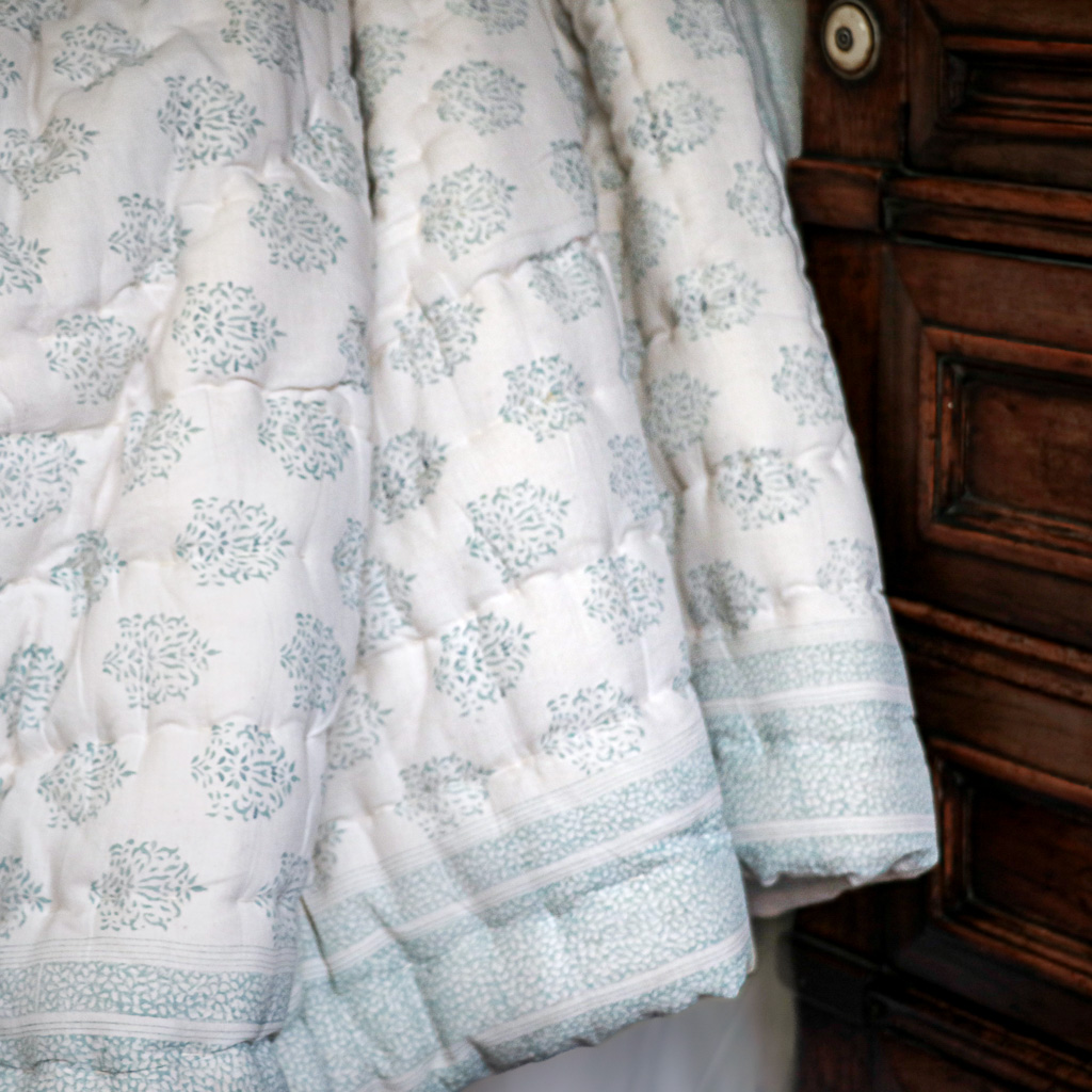 Navina & Gauntess Quilt in Winter, shenouk, Indian block print fabric, Indian block print, Indian block print quilts, block print quilts, luxury quilts Navina & Gauntess Quilt in Winter, shenouk, Indian block print fabric, Indian block print, Indian block print quilts, block print quilts, luxury quilts