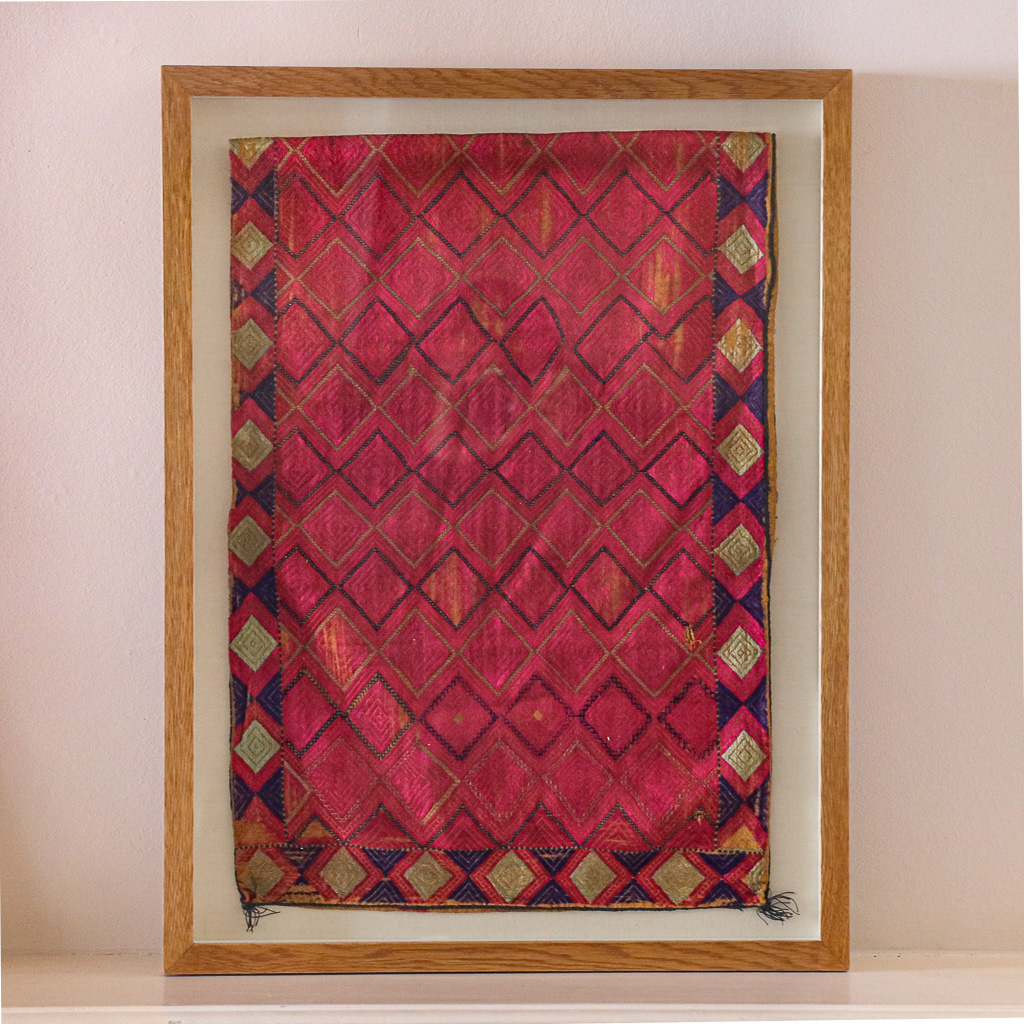 Decordova, framed vintage textiles, indian embroidery, indian textiles, vintage indian textiles, embroidered textiles, shenouk, marriage cushion, framed marriage cushion
