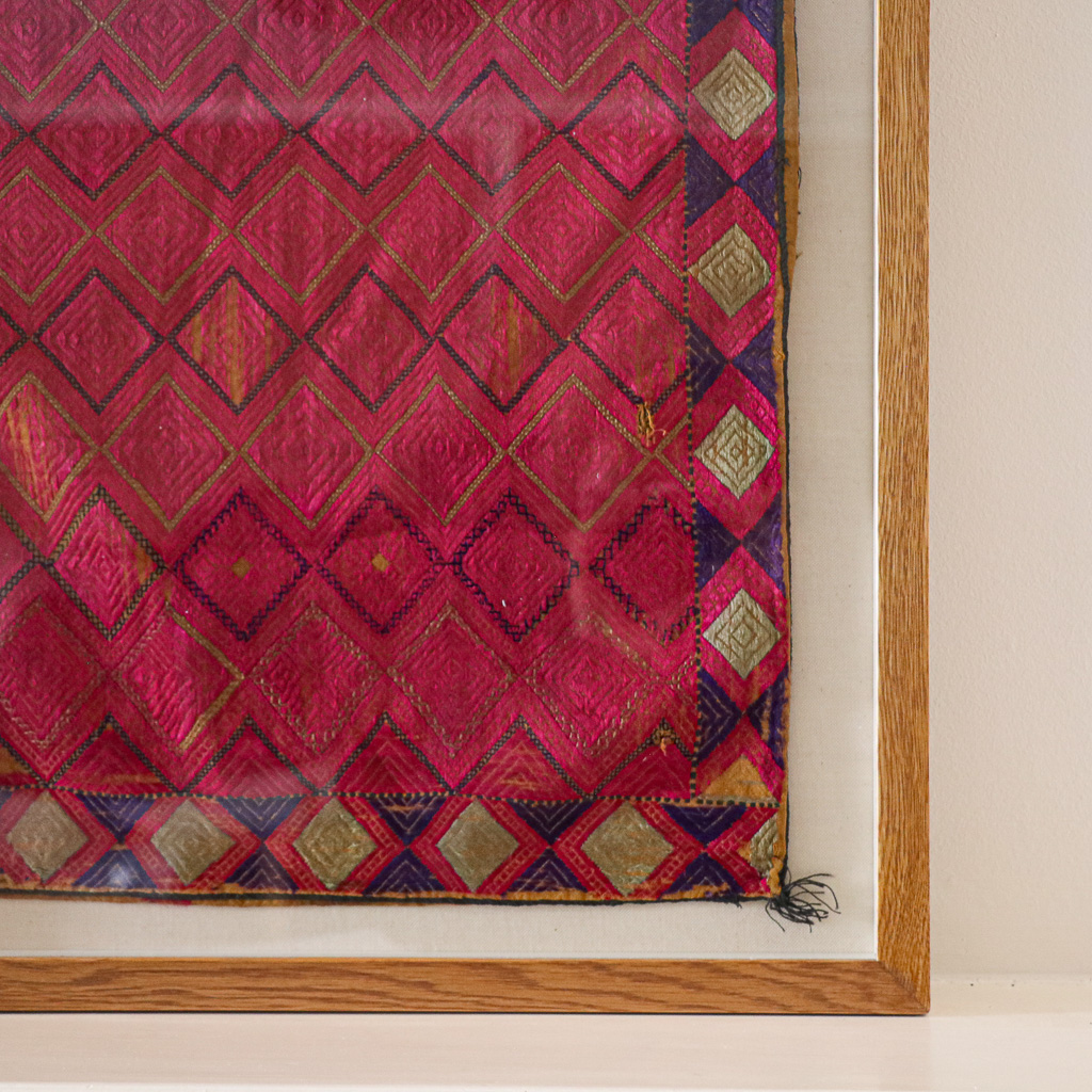 Decordova, framed vintage textiles, indian embroidery, indian textiles, vintage indian textiles, embroidered textiles, shenouk, marriage cushion, framed marriage cushion