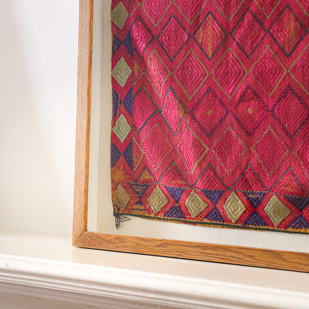 Decordova, framed vintage textiles, indian embroidery, indian textiles, vintage indian textiles, embroidered textiles, shenouk, marriage cushion, framed marriage cushion