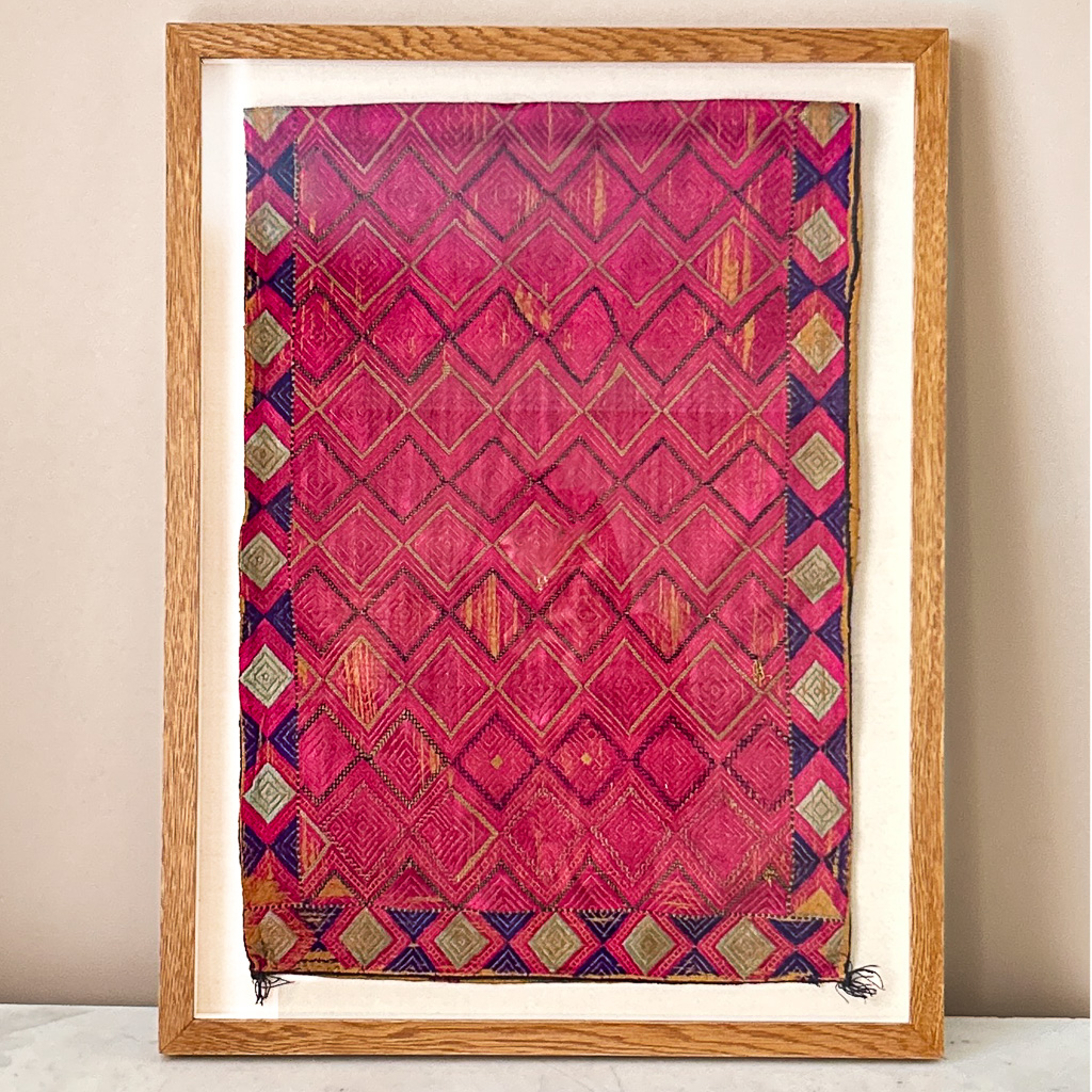 Decordova, framed vintage textiles, indian embroidery, indian textiles, vintage indian textiles, embroidered textiles, shenouk, marriage cushion, framed marriage cushion
