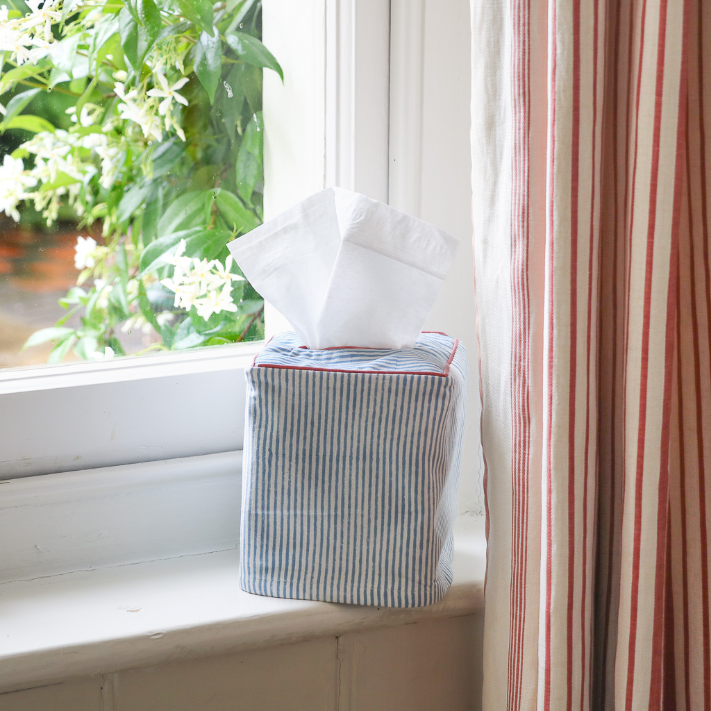 Eloise Tissue Box Cover in Swedish Blue, shenouk, tissue box covers, tissue box holders, bedroom accessories, indian block print, block print fabrics, home accessories