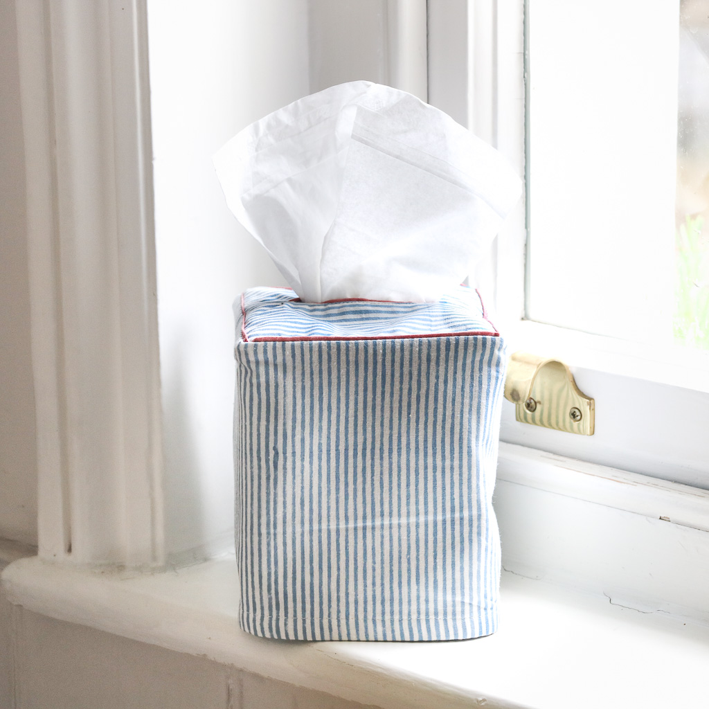 Eloise Tissue Box Cover in Swedish Blue, shenouk, tissue box covers, tissue box holders, bedroom accessories, indian block print, block print fabrics, home accessories