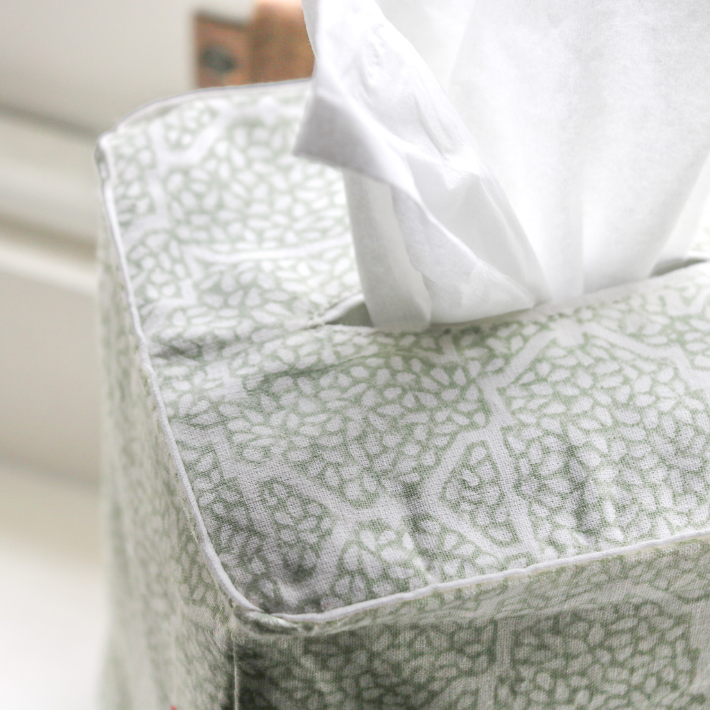 Gauntess Tissue Box Cover in Sage, shenouk, tissue box covers, tissue box holders, bedroom accessories, indian block print, block print fabrics, home accessories