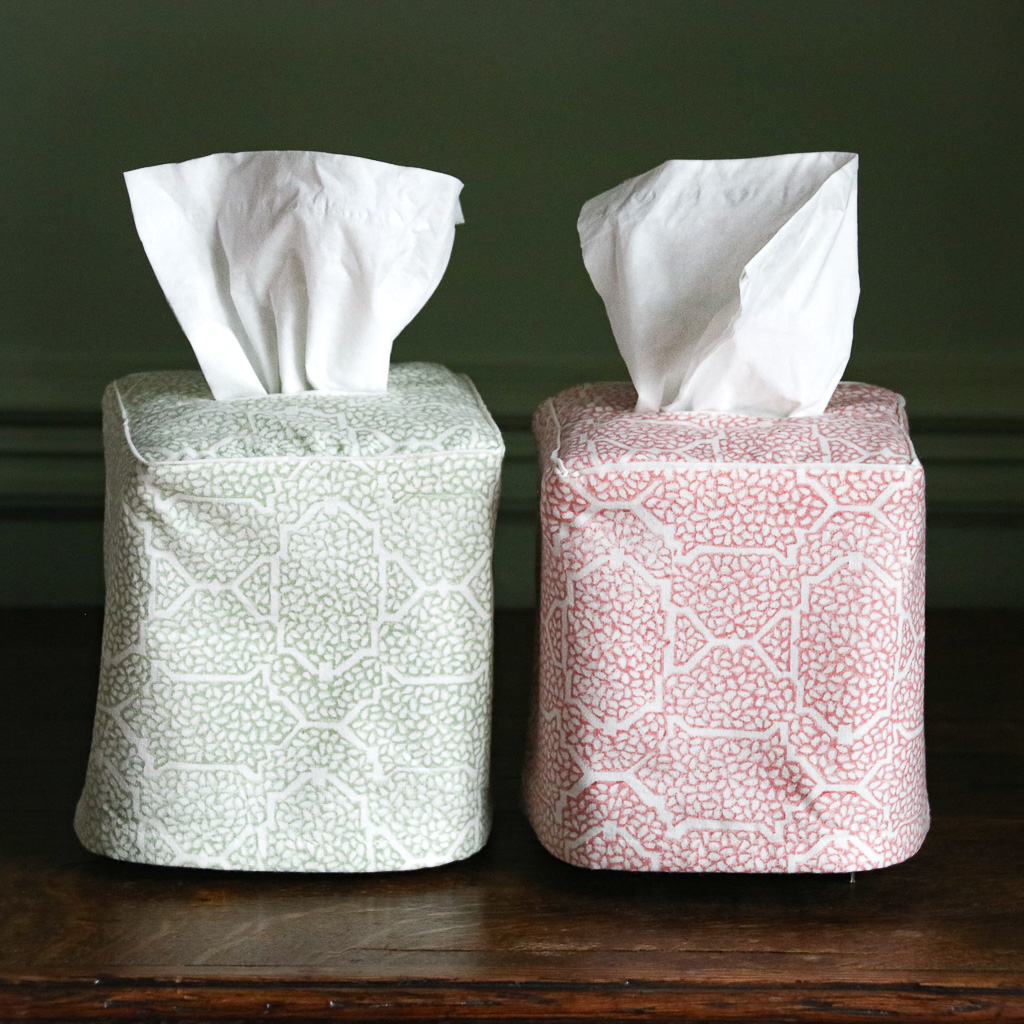 Gauntess Tissue Box Cover in Sage and Dusty Rose, shenouk, tissue box covers, tissue box holders, bedroom accessories, indian block print, block print fabrics, home accessories Gauntess Tissue Box Cover in Sage and Dusty Rose, shenouk, tissue box covers, tissue box holders, bedroom accessories, indian block print, block print fabrics, home accessories
