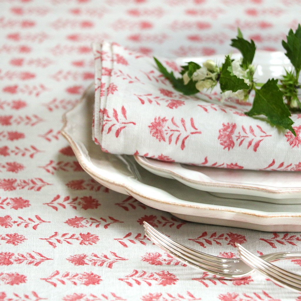 Gigi Tablecloth in Raspberry, linen tablecloths, indian block print, block print, block print tablecloths, linen table linen, table setting, beautiful tables, shenouk Gigi Tablecloth in Raspberry, linen tablecloths, indian block print, block print, block print tablecloths, linen table linen, table setting, beautiful tables, shenouk