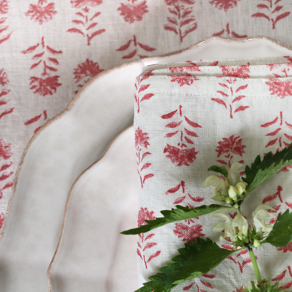 Gigi Tablecloth in Raspberry, linen tablecloths, indian block print, block print, block print tablecloths, linen table linen, table setting, beautiful tables, shenouk Gigi Tablecloth in Raspberry, linen tablecloths, indian block print, block print, block print tablecloths, linen table linen, table setting, beautiful tables, shenouk