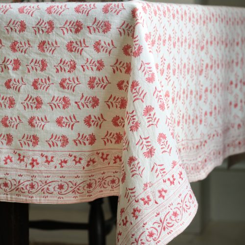 Gigi Tablecloth in Raspberry, linen tablecloths, indian block print, block print, block print tablecloths, linen table linen, table setting, beautiful tables, shenouk