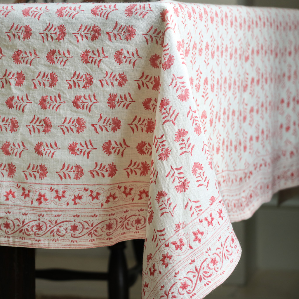 Gigi Tablecloth in Raspberry, linen tablecloths, indian block print, block print, block print tablecloths, linen table linen, table setting, beautiful tables, shenouk Gigi Tablecloth in Raspberry, linen tablecloths, indian block print, block print, block print tablecloths, linen table linen, table setting, beautiful tables, shenouk