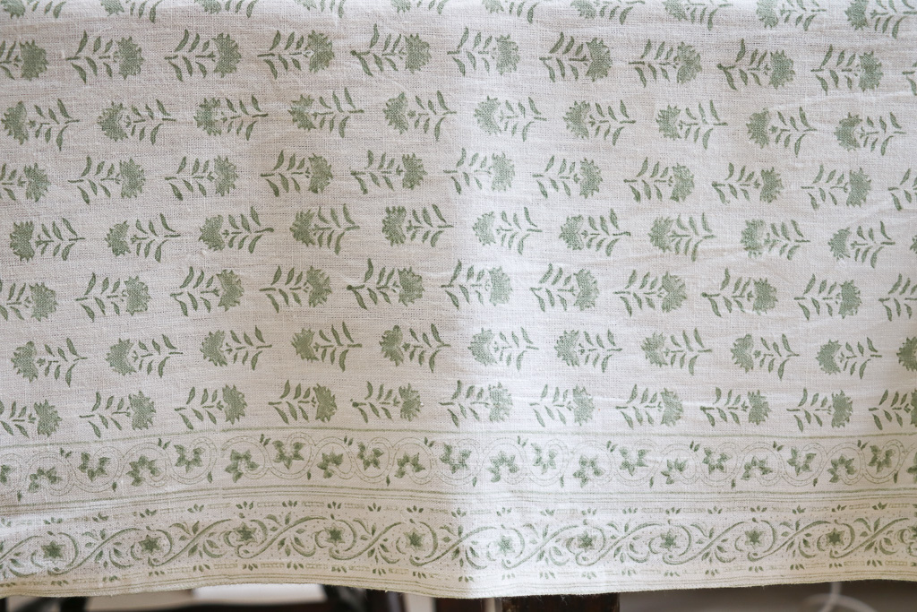 Gigi Tablecloth in Sage, linen tablecloths, indian block print, block print, block print tablecloths, linen table linen, table setting, beautiful tables, shenouk