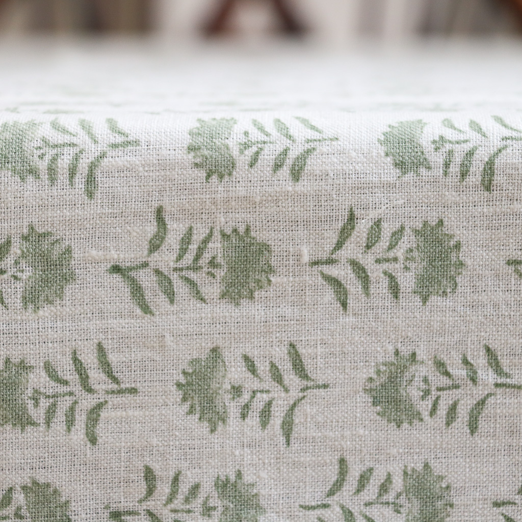 Gigi Tablecloth in Sage, linen tablecloths, indian block print, block print, block print tablecloths, linen table linen, table setting, beautiful tables, shenouk