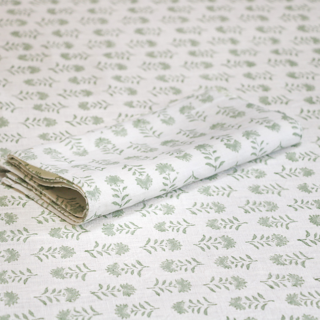 Gigi Tablecloth in Sage, linen tablecloths, indian block print, block print, block print tablecloths, linen table linen, table setting, beautiful tables, shenouk