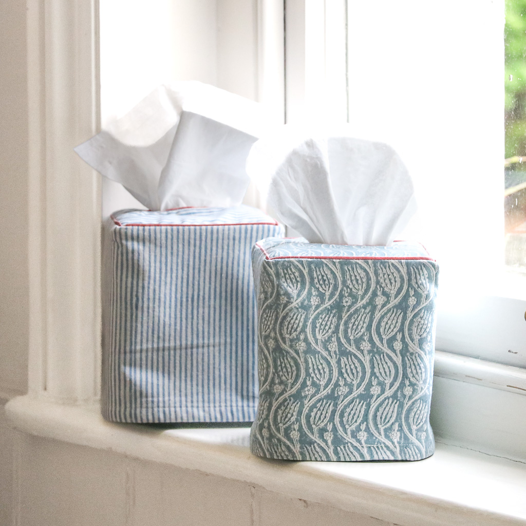 Gita Tissue Box Cover in Denim & Eloise Tissue Box in Swedish Blue, shenouk, tissue box covers, tissue box holders, bedroom accessories, indian block print, block print fabrics, home accessories